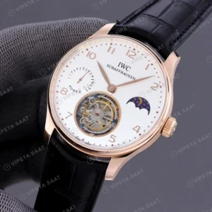 IWC GMT-Master II Portugieser Tourbillon Moonphase Gümüş Kadran Rose Kasa Siyah Deri Kordon Super Clone Eta Eta Saat detay 3