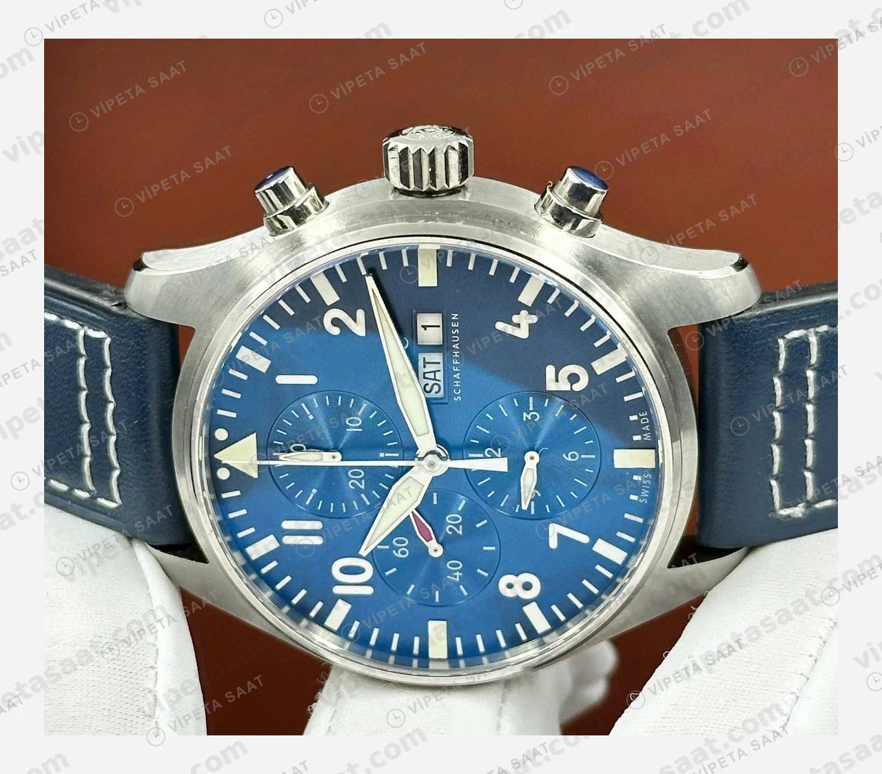IWC Pilot Chronograph Mavi Kadran Deri Super Clone ETA Eta Saat detay 3