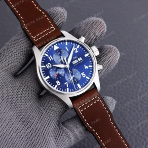 IWC Pilot Chronograph Mavi Kadran Kahverengi Deri Kordon Super Clone Eta Eta Saat detay 3
