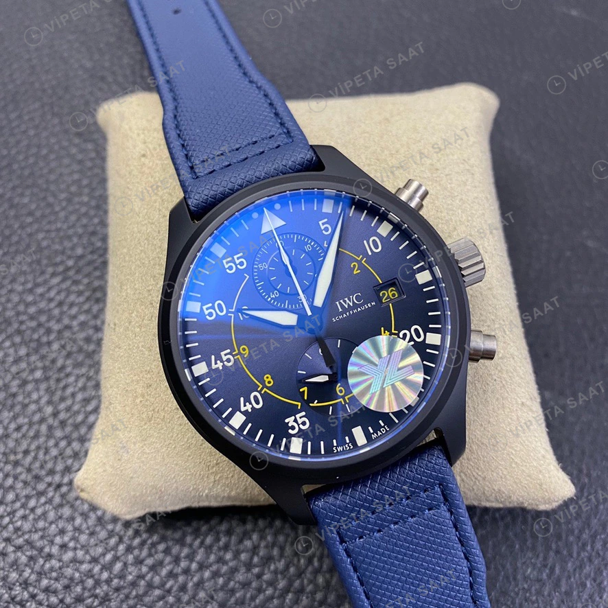 IWC Pilot Chronograph Mavi Kadran Seramik Kasa Nato Kordon Super Clone Eta Eta Saat detay 3