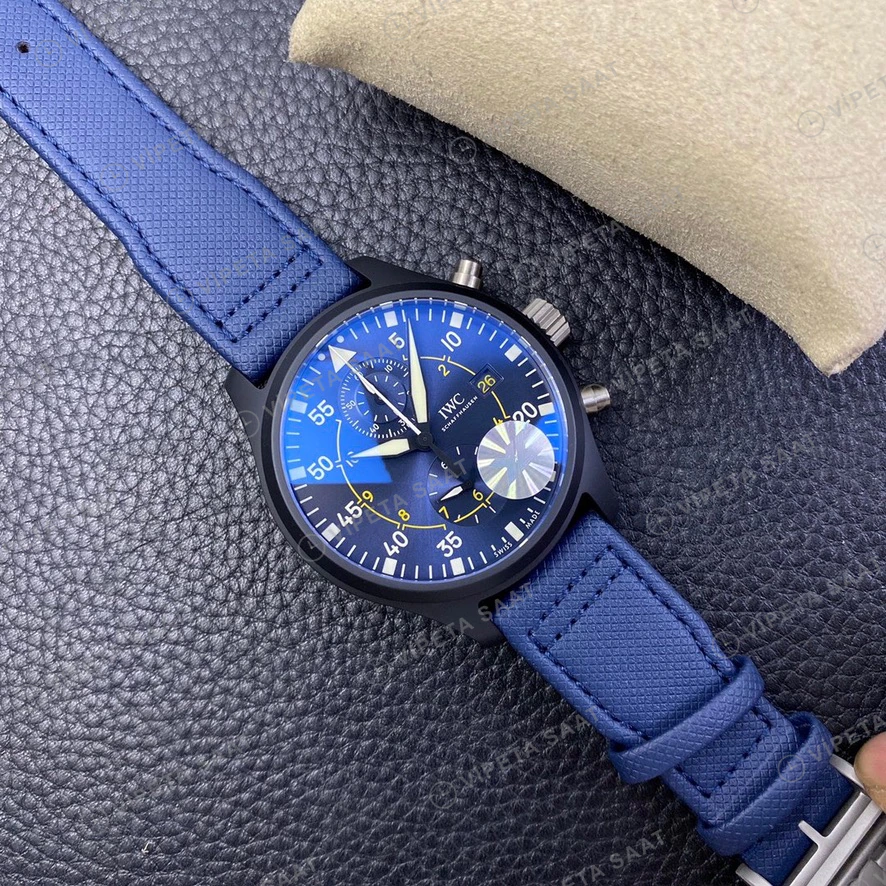 IWC Pilot Chronograph Mavi Kadran Seramik Kasa Nato Kordon Super Clone Eta Eta Saat detay 6
