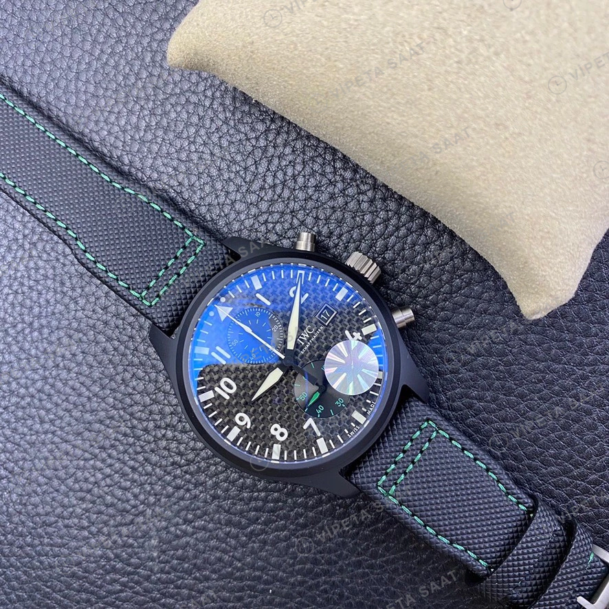 IWC Pilot Chronograph Top Gun Siyah Kadran Seramik Kasa Nato Kordon Super Clone Eta Eta Saat detay 3