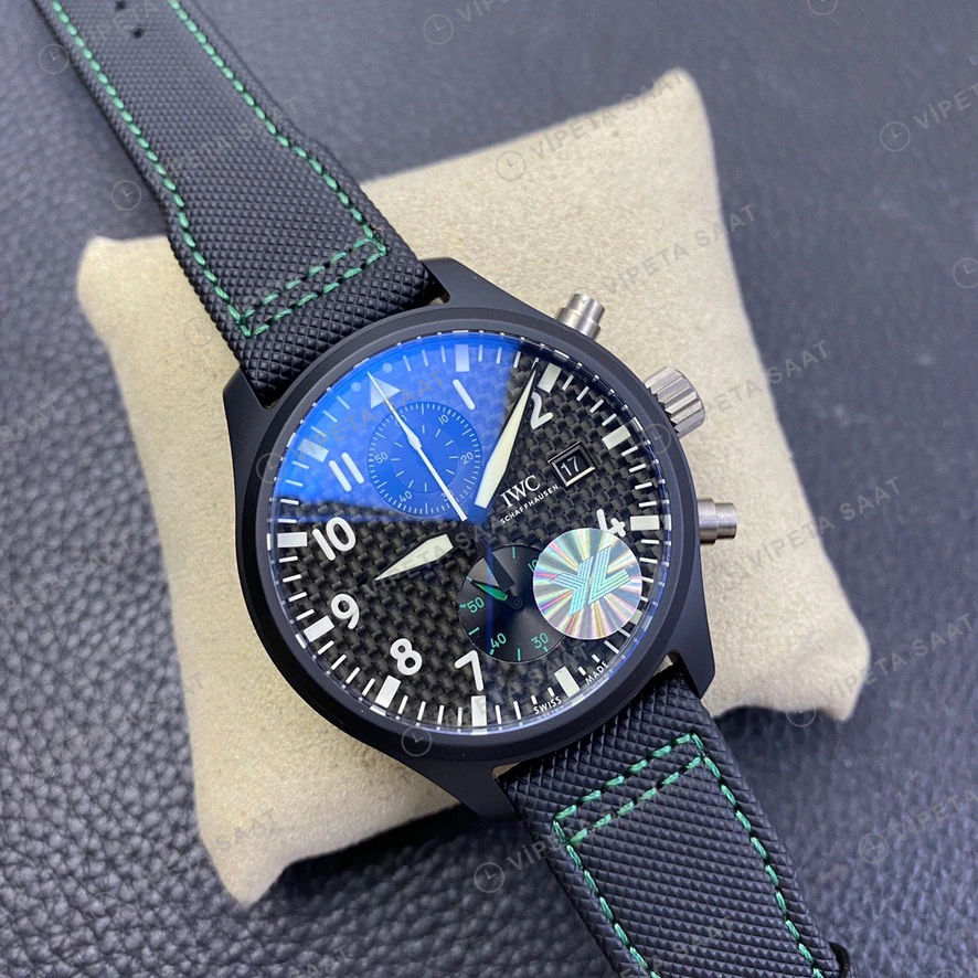 IWC Pilot Chronograph Top Gun Siyah Kadran Seramik Kasa Nato Kordon Super Clone Eta Eta Saat detay 4