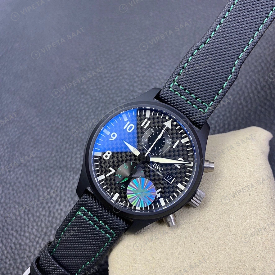 IWC Pilot Chronograph Top Gun Siyah Kadran Seramik Kasa Nato Kordon Super Clone Eta Eta Saat detay 7