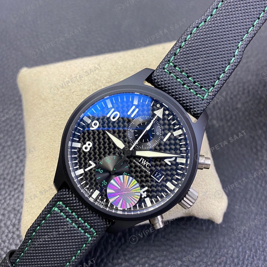 IWC Pilot Chronograph Top Gun Siyah Kadran Seramik Kasa Nato Kordon Super Clone Eta Eta Saat detay 9