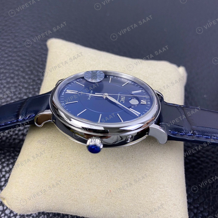 IWC Portofino Moonphase Mavi Kadran Celik Kasa Mavi Deri Kordon Super Clone Eta Eta Saat detay 4