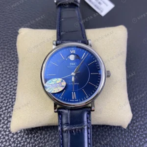 IWC Portofino Moonphase Mavi Kadran Celik Kasa Mavi Deri Kordon Super Clone Eta Eta Saat karşıdan görünüm