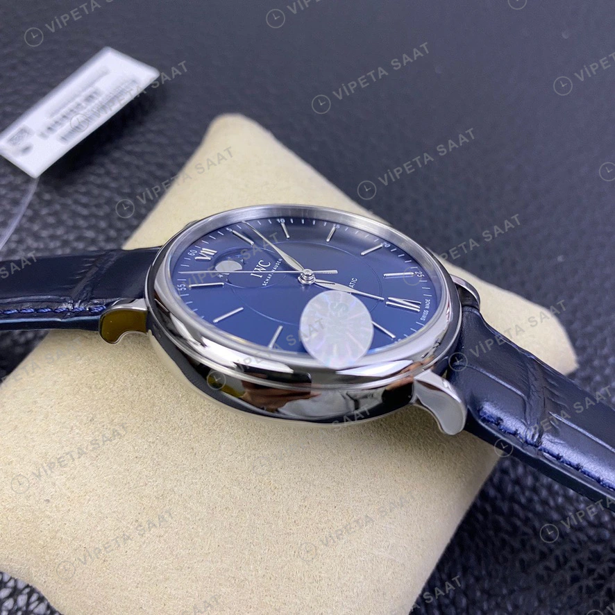 IWC Portofino Moonphase Mavi Kadran Celik Kasa Mavi Deri Kordon Super Clone Eta Eta Saat detay 5