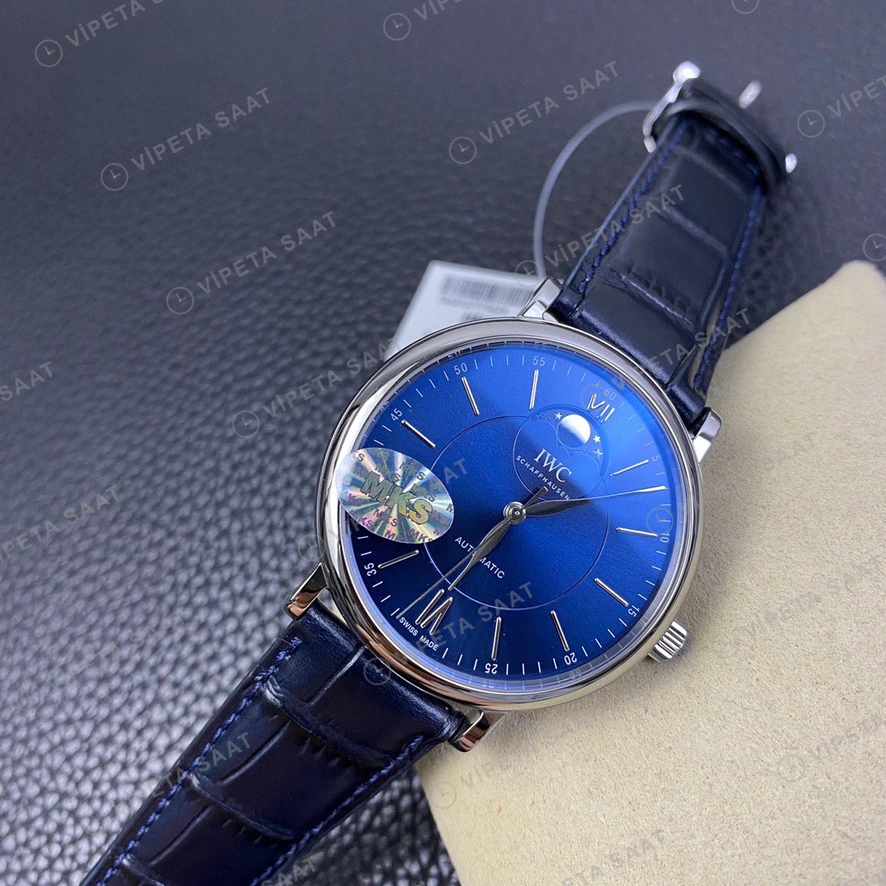 IWC Portofino Moonphase Mavi Kadran Celik Kasa Mavi Deri Kordon Super Clone Eta Eta Saat detay 6