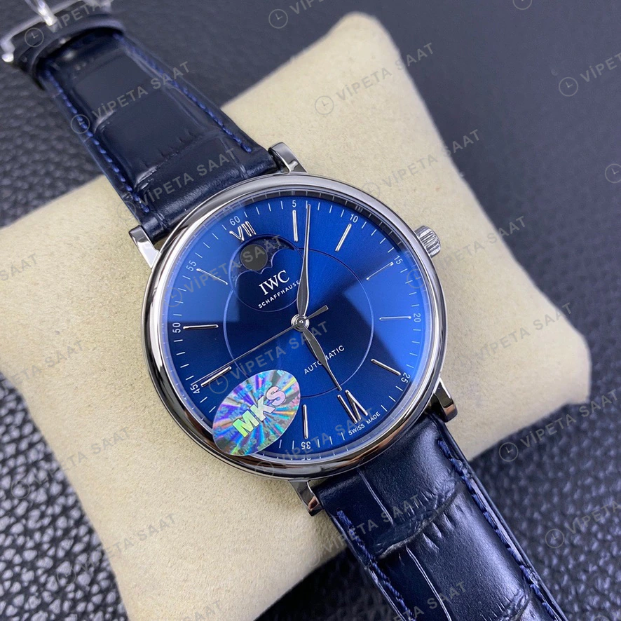 IWC Portofino Moonphase Mavi Kadran Celik Kasa Mavi Deri Kordon Super Clone Eta Eta Saat detay 7
