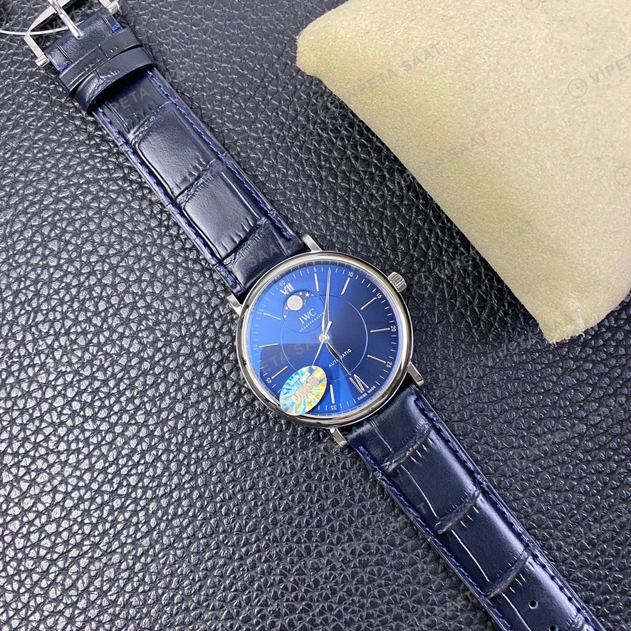 IWC Portofino Moonphase Mavi Kadran Celik Kasa Mavi Deri Kordon Super Clone Eta Eta Saat detay 8