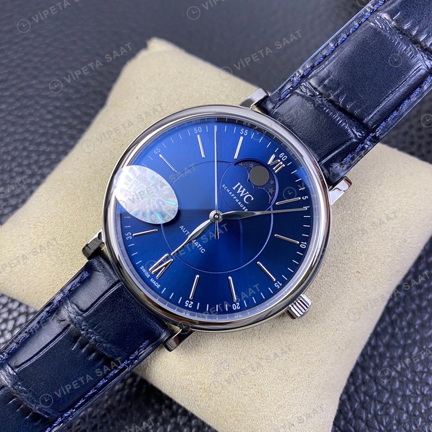 IWC Portofino Moonphase Mavi Kadran Celik Kasa Mavi Deri Kordon Super Clone Eta Eta Saat detay 9