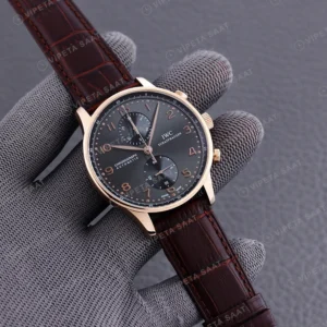 IWC Portugieser Chronograph Gri Kadran Rose Kasa Kahverengi Deri Kordon Super Clone Eta Eta Saat karşıdan görünüm