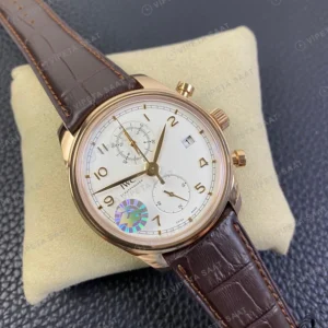 IWC Portugieser Chronograph Rose Kasa Beyaz Kadran Kahverengi Deri Kordon Super Clone Eta Saat görünüm 1