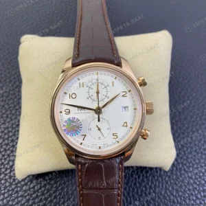 IWC Portugieser Chronograph Rose Kasa Beyaz Kadran Kahverengi Deri Kordon Super Clone Eta Saat görünüm 3