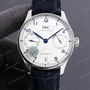 IWC Portugieser Otomatik 7 Gun Beyaz Kadran Mavi Deri Kordon Super Clone Eta Eta Saat karşıdan görünüm