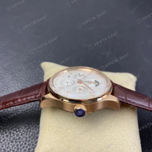 IWC Portugieser Perpetual Calendar Beyaz Kadran Rose Kasa Kahverengi Deri Super Clone Eta Saat görünüm 1