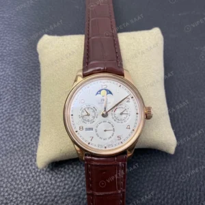 IWC Portugieser Perpetual Calendar Beyaz Kadran Rose Kasa Kahverengi Deri Super Clone Eta Saat görünüm 5