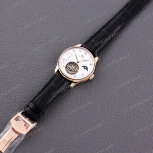 IWC Portugieser Tourbillon Moonphase Beyaz Kadran Rose Kasa Siyah Deri Kordon Super Clone Eta Saat görünüm 5