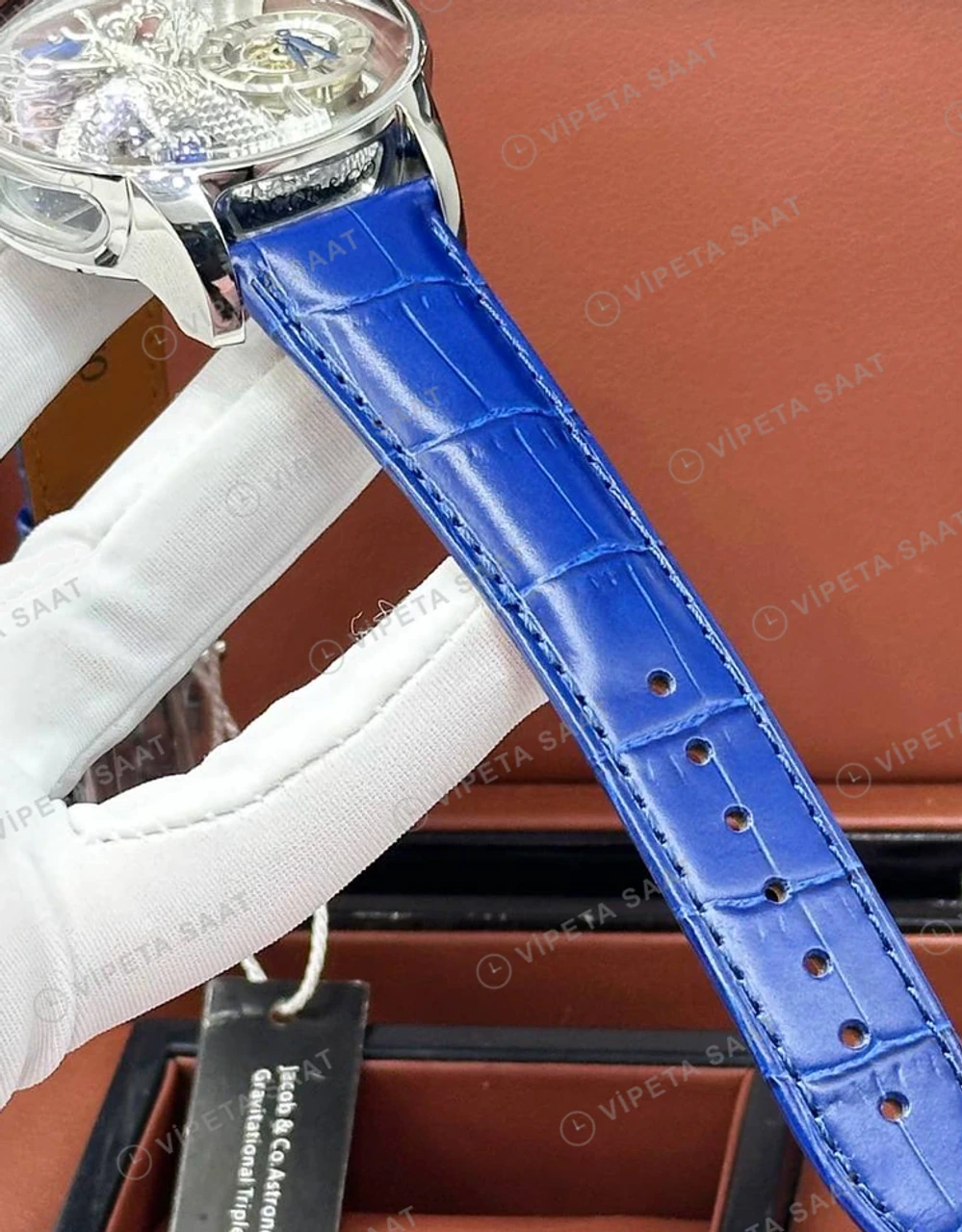 Jacob Co Astronomia Gümüş Ejderha Deri Gece Super Clone ETA Saat detay 5