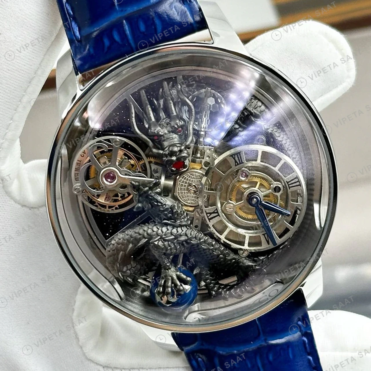 Jacob Co Astronomia Gümüş Ejderha Deri Super Clone ETA Saat detay 4