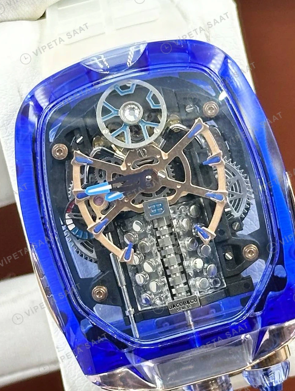 Jacob Co Astronomia Mavi Safir Kasa Kauçuk Gece Super Clone ETA Saat karşıdan görünüm