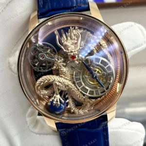 Jacob Co Astronomia Rose Skeleton Mavi Deri Super Clone ETA Saat karşıdan görünüm