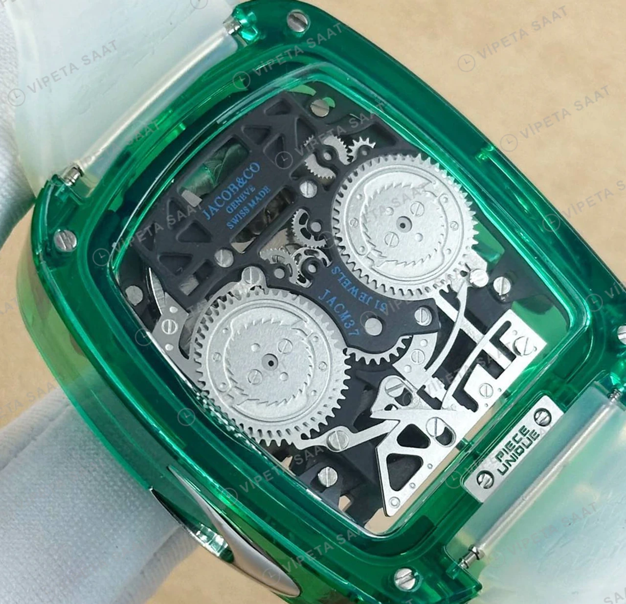Jacob Co Astronomia Yeşil Safir Kasa Kauçuk Büyük Super Clone ETA Saat detay 6