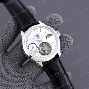 Jaeger-LeCoultre GMT-Master II Master Tourbillon Gümüş Kadran Celik Siyah Deri Kordon Super Clone Eta Eta Saat karşıdan görünüm