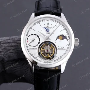 Jaeger-LeCoultre GMT-Master II Master Tourbillon Gümüş Kadran Celik Siyah Deri Kordon Super Clone Eta Eta Saat yan görünüm
