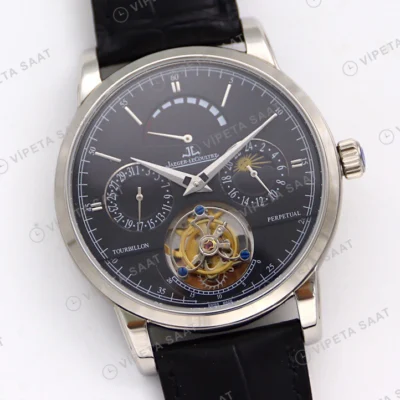 Jaeger-LeCoultre Master Grande Tradition Tourbillon Celik Siyah Kadran Siyah Deri Kordon Super Clone Eta Eta Saat yan görünüm