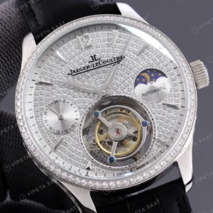 Jaeger-LeCoultre Master Grande Tradition Tourbillon Iskelet Kadran Celik Kasa Elmas Bezel Siyah Deri Kordon Super Clone Eta Eta Saat karşıdan görünüm