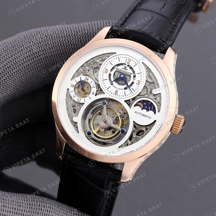 Jaeger-LeCoultre Master Grande Tradition Tourbillon Iskelet Kadran Rose Kasa Siyah Deri Kordon Super Clone Eta Eta Saat detay 4