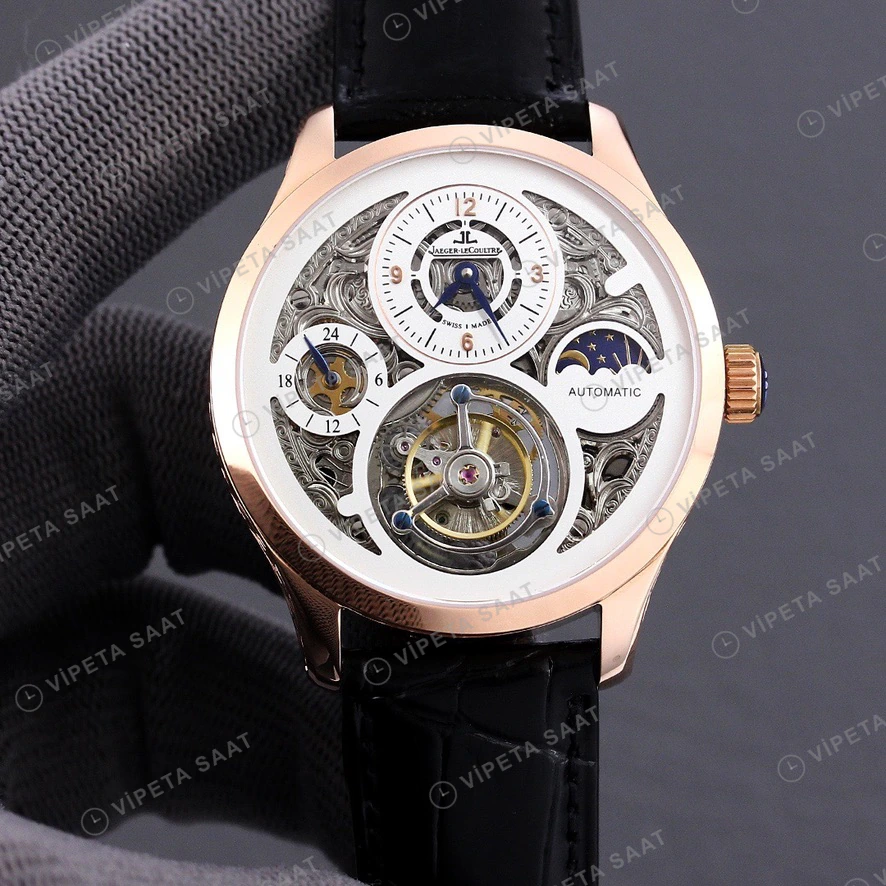 Jaeger-LeCoultre Master Grande Tradition Tourbillon Iskelet Kadran Rose Kasa Siyah Deri Kordon Super Clone Eta Eta Saat detay 5