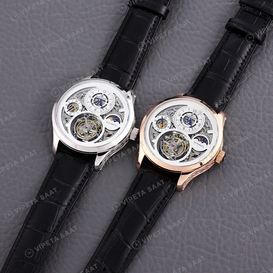 Jaeger-LeCoultre Master Grande Tradition Tourbillon Iskelet Kadran Rose Kasa Siyah Deri Kordon Super Clone Eta Eta Saat detay 6