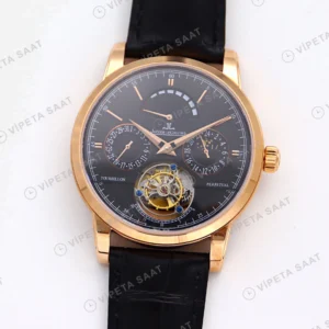 Jaeger-LeCoultre Master Grande Tradition Tourbillon Rose Kasa Gri Kadran Siyah Deri Kordon Super Clone Eta Eta Saat karşıdan görünüm