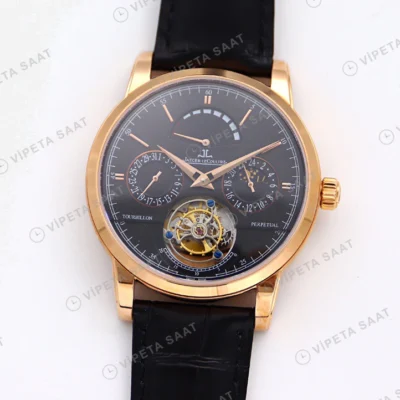 Jaeger-LeCoultre Master Grande Tradition Tourbillon Rose Kasa Gri Kadran Siyah Deri Kordon Super Clone Eta Eta Saat karşıdan görünüm