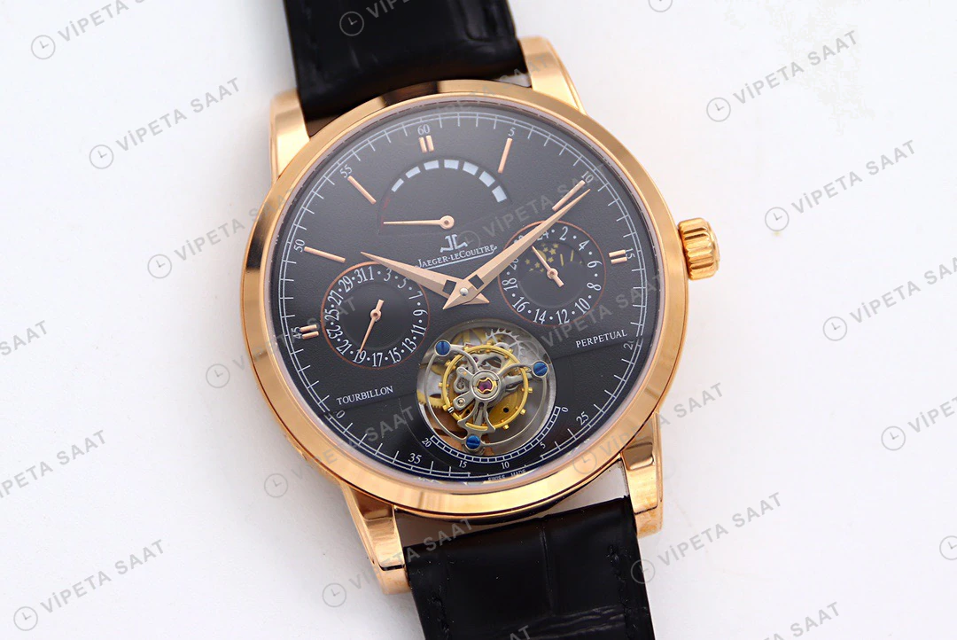 Jaeger-LeCoultre Master Grande Tradition Tourbillon Rose Kasa Gri Kadran Siyah Deri Kordon Super Clone Eta Eta Saat detay 4
