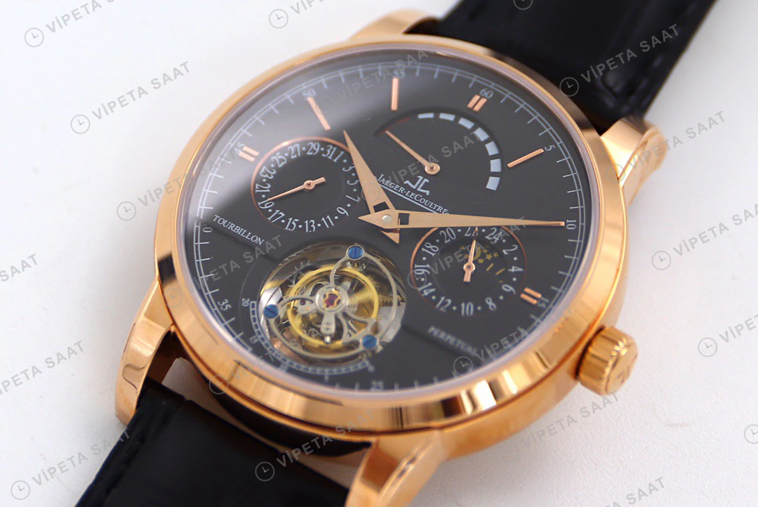 Jaeger-LeCoultre Master Grande Tradition Tourbillon Rose Kasa Gri Kadran Siyah Deri Kordon Super Clone Eta Eta Saat detay 5