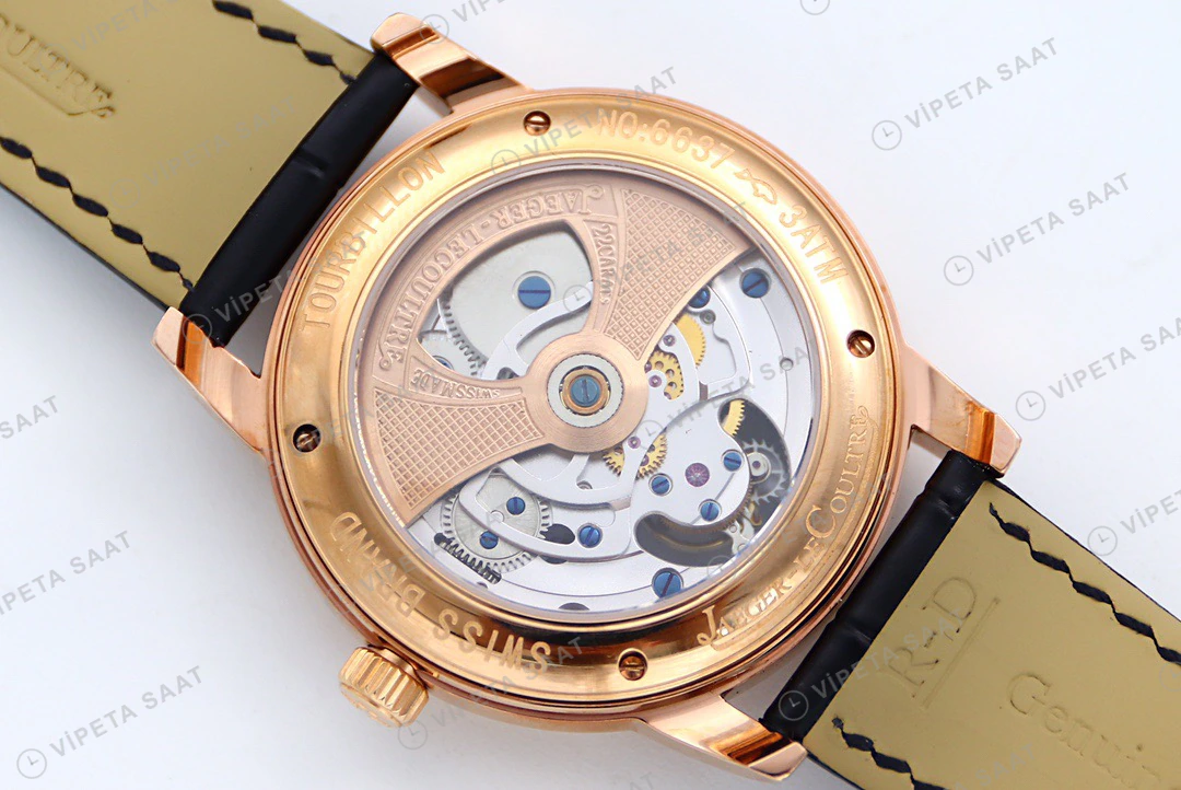 Jaeger-LeCoultre Master Grande Tradition Tourbillon Rose Kasa Gri Kadran Siyah Deri Kordon Super Clone Eta Eta Saat detay 6