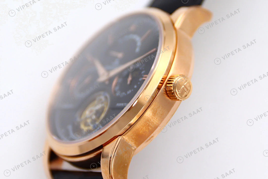 Jaeger-LeCoultre Master Grande Tradition Tourbillon Rose Kasa Gri Kadran Siyah Deri Kordon Super Clone Eta Eta Saat detay 7