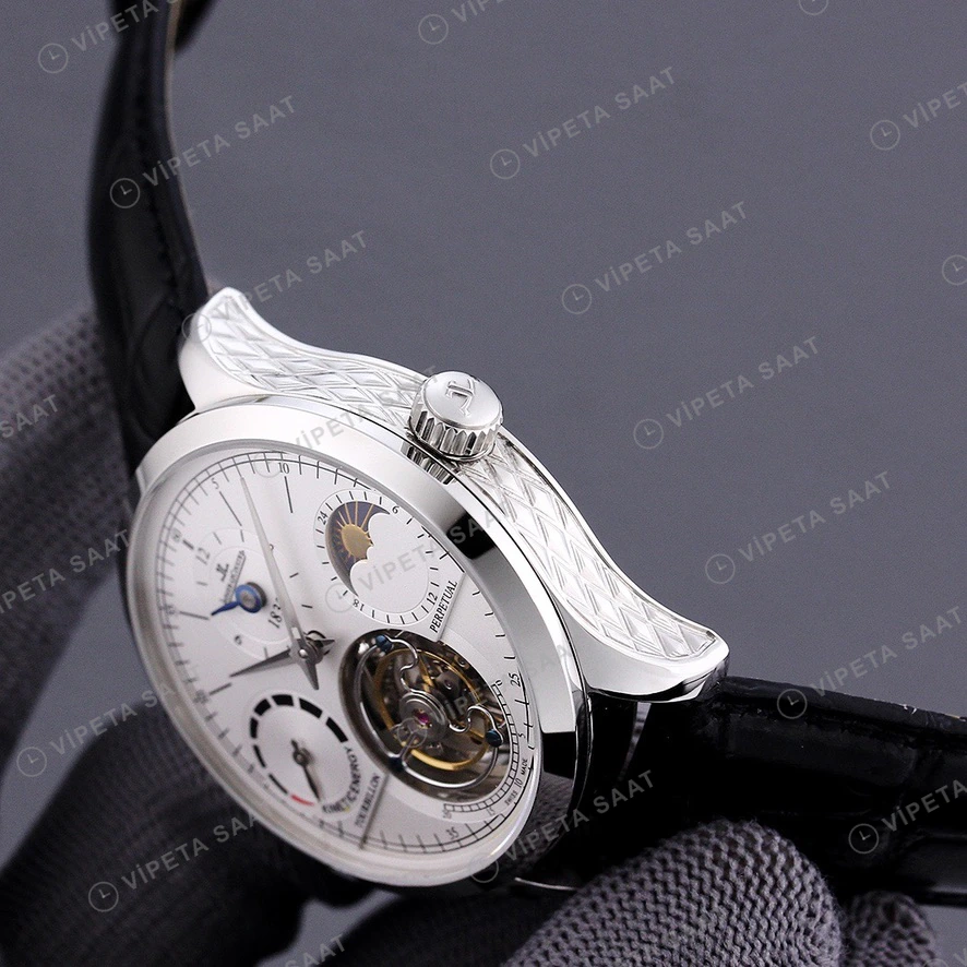 Jaeger-LeCoultre Master Tourbillon Beyaz Kadran Celik Siyah Deri Kordon Super Clone Eta Saat görünüm 4