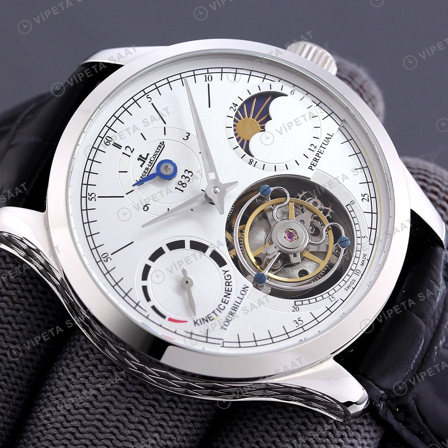 Jaeger-LeCoultre Master Tourbillon Beyaz Kadran Celik Siyah Deri Kordon Super Clone Eta Saat görünüm 6