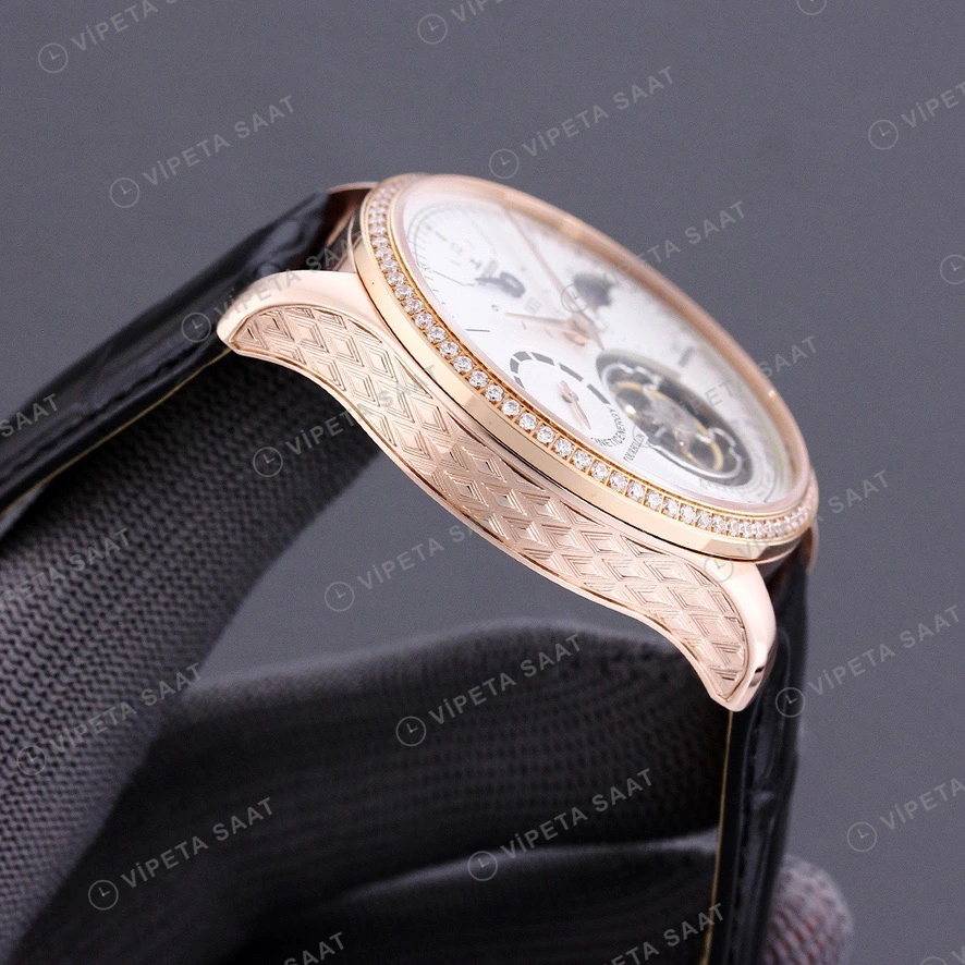 Jaeger-LeCoultre Master Tourbillon Beyaz Kadran Rose Kasa Elmas Bezel Siyah Deri Kordon Super Clone Eta Eta Saat detay 3