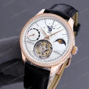 Jaeger-LeCoultre Master Tourbillon Beyaz Kadran Rose Kasa Elmas Bezel Siyah Deri Kordon Super Clone Eta Eta Saat karşıdan görünüm
