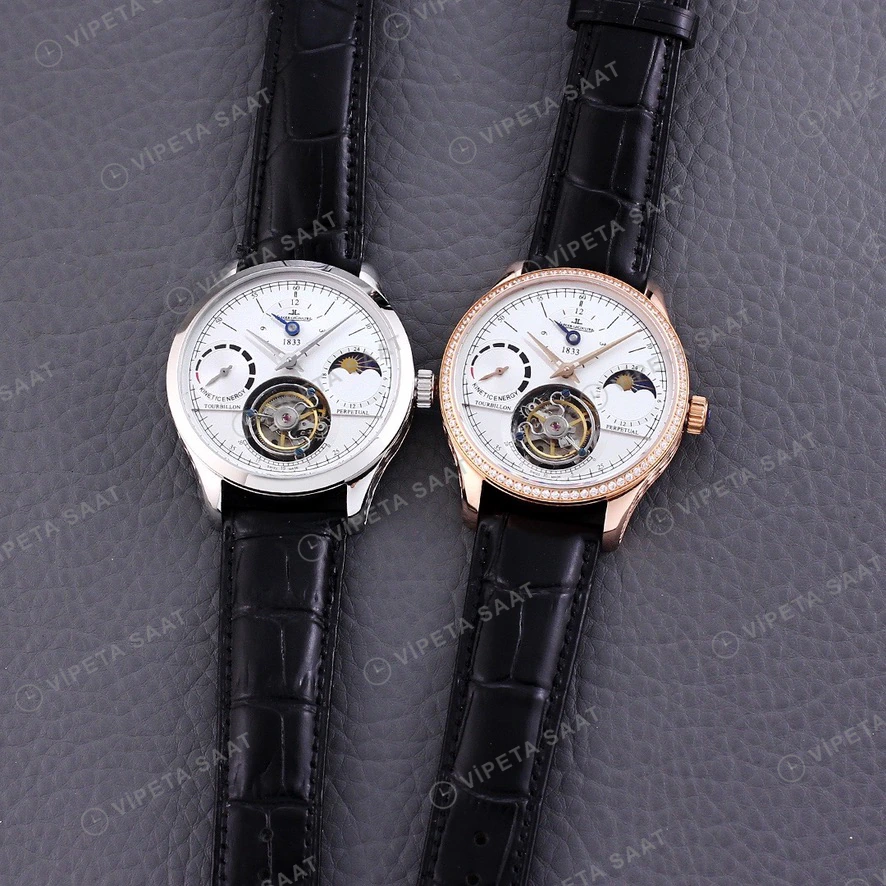 Jaeger-LeCoultre Master Tourbillon Beyaz Kadran Rose Kasa Elmas Bezel Siyah Deri Kordon Super Clone Eta Eta Saat detay 4