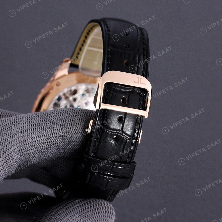 Jaeger-LeCoultre Master Tourbillon Beyaz Kadran Rose Kasa Elmas Bezel Siyah Deri Kordon Super Clone Eta Eta Saat detay 5