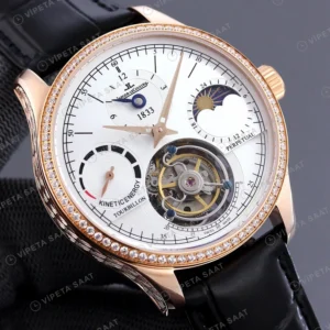 Jaeger-LeCoultre Master Tourbillon Beyaz Kadran Rose Kasa Elmas Bezel Siyah Deri Kordon Super Clone Eta Eta Saat detay 6