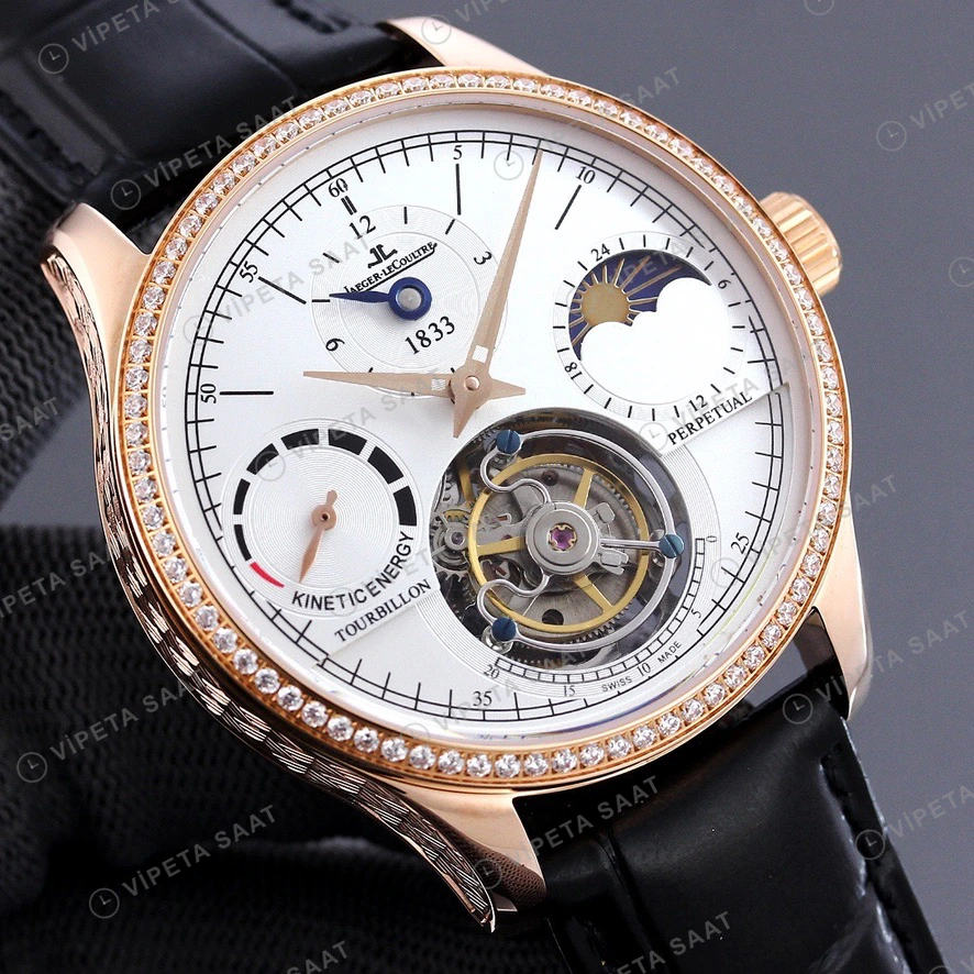 Jaeger-LeCoultre Master Tourbillon Beyaz Kadran Rose Kasa Elmas Bezel Siyah Deri Kordon Super Clone Eta Eta Saat detay 6
