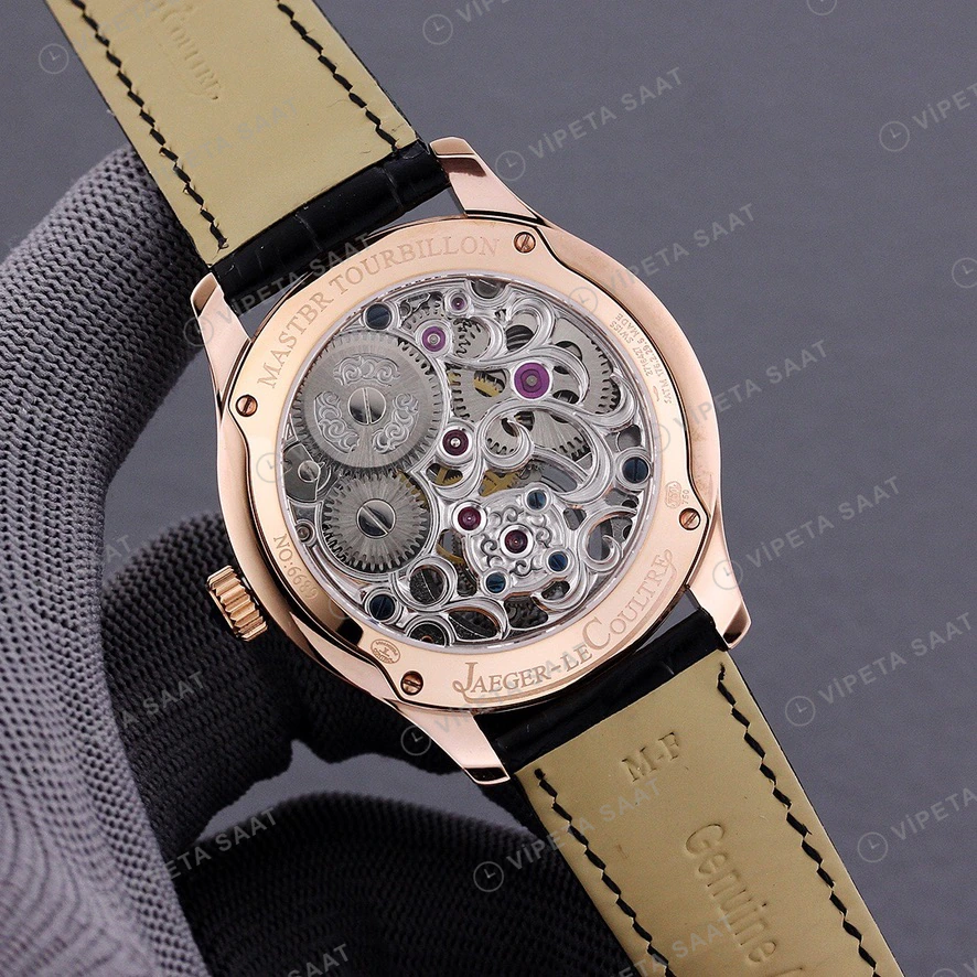 Jaeger-LeCoultre Master Tourbillon Beyaz Kadran Rose Kasa Elmas Bezel Siyah Deri Kordon Super Clone Eta Eta Saat detay 8